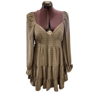 Altar’d State Plaid Tiered Long Sleeve Mini Dress – Olive Green – Size Small